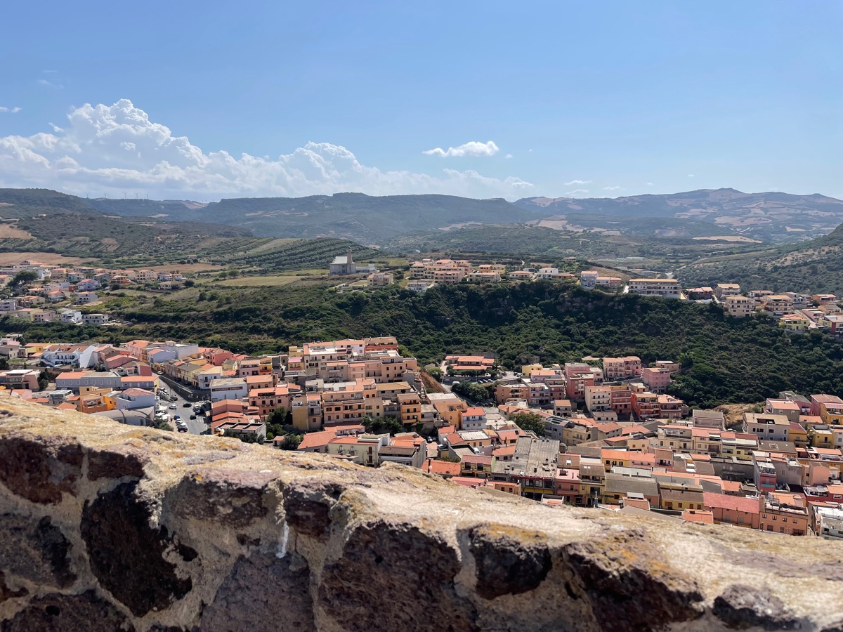 Hillside town viewed from a stone overlook